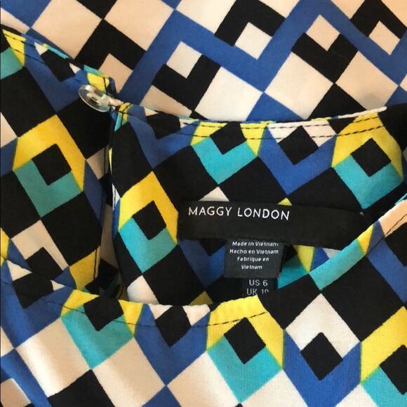 Maggy London Geometric Silky Shift Dress Diamond Print Colorful Geo Office - Picture 6 of 7